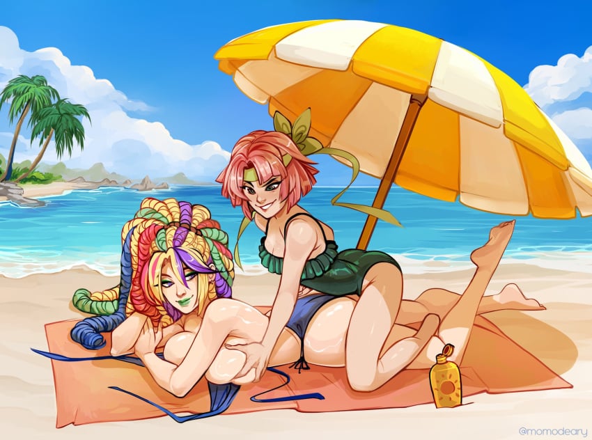 2girls beach female/female female_on_female female_only girl_on_girl grabbing_another's_breast grabbing_breasts hand_on_breast lesbian momodeary original_character outdoors outside palm_tree sunscreen tagme yuri