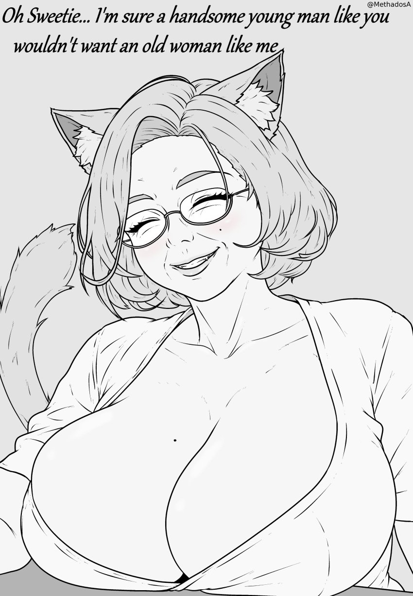 1girls big_breasts big_breasts breasts breasts cat_girl catgirl clothed clothed_female female female_focus female_only gilf humble light-skinned_female light_skin milf modest older_female