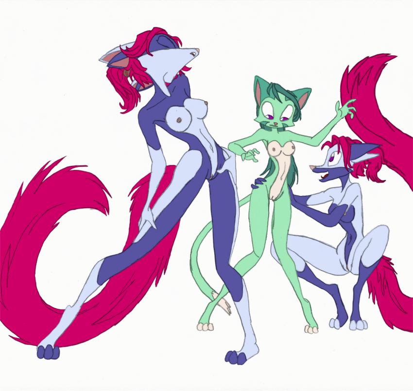 anthro barefoot breasts canine dancing david_lillie digo_marrallang dreamkeepers edit feline feline female fur green_fur green_hair group hair hi_res indi_marrallang indigo_marrallang lilith_calah long_tail mammal navel nipples nude purple_eyes pussy red_hair simple_background smile standing t_zulu white_background