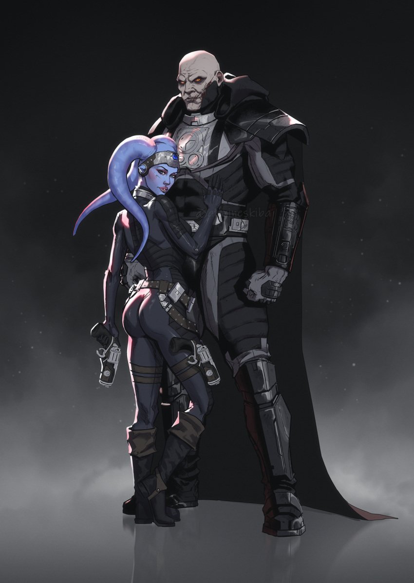 1female 1male armor armored armored_boots armored_gloves armored_male armour ass ass_bigger_than_head ass_focus belt belt_pouch big_ass big_butt big_muscles black_bodysuit black_boots black_cape blue_eyes blue_skin bodysuit boots cape darth_malgus eleena_daru female gloves gloves_on gun gun_belt guns hot_female hot_girl hotpants juicy_ass juicy_butt looking_at_viewer looking_back looking_sexy male muscle muscles seductive seductive_body seductive_eyes seductive_look seductive_pose seductive_smile sexy_clothing sexy_female silver_armor sith sith_eyes sith_lord standing standing_position star_wars tall tall_male taller_male twi'lek weapon weapons