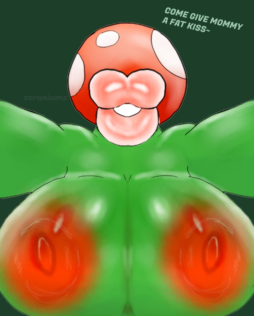 glossy_lips green_body huge_areolae huge_breasts huge_lips kissing lips mario_(series) mario_and_luigi_(series) piranha_plant piranha_plant_girl pov pov_eye_contact pov_kiss shiny_skin text what zeraniumz