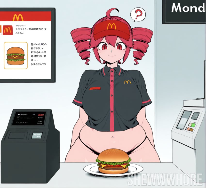 1girls ? ai_generated belly black_shirt bottomless burger kasane_teto mcdonald's red_eyes red_hair