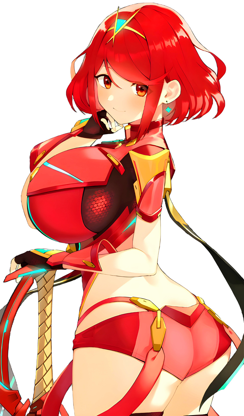 ass big_breasts hand_on_chin huge_breasts love_handles pyra pyra_(xenoblade) red_hair short_hair shorts side_view sideboob thighs xenoblade_(series) xenoblade_chronicles_2