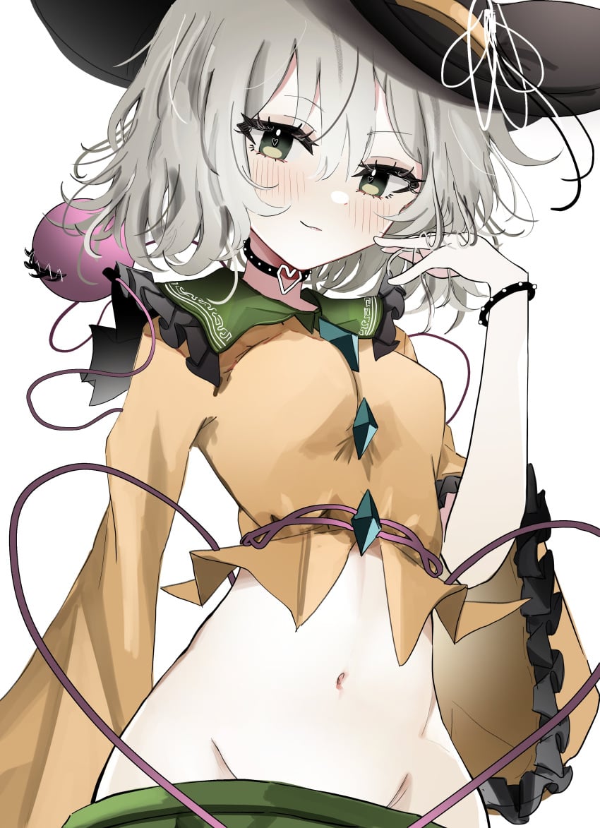 belly_button blush crop_top koishi_komeiji looking_at_viewer midriff ougiikun pants_down pants_pull smirk touhou