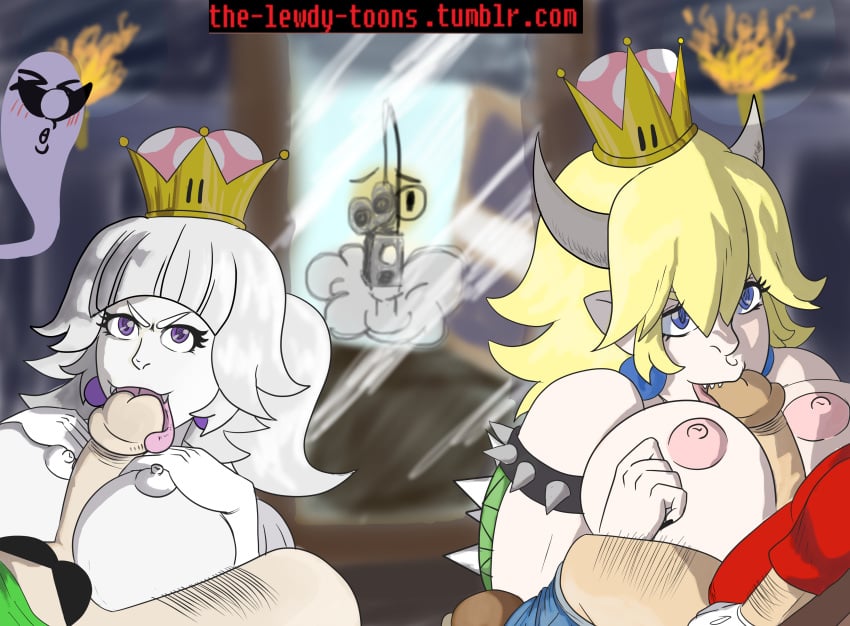 2boys 2girls arm_hair blonde_hair blue_eyes boobjob boosette bowsette breasts clothing crown erection female green_shirt hairy_male horns huge_breasts indoors large_breasts leg_hair lewdy_toons looking_at_partner luigi male male/female mario mario_(series) mirror nintendo nipples oral oral_sex penis penis_between_breasts red_shirt sitting straight tongue tongue_out unseen_male_face white_hair