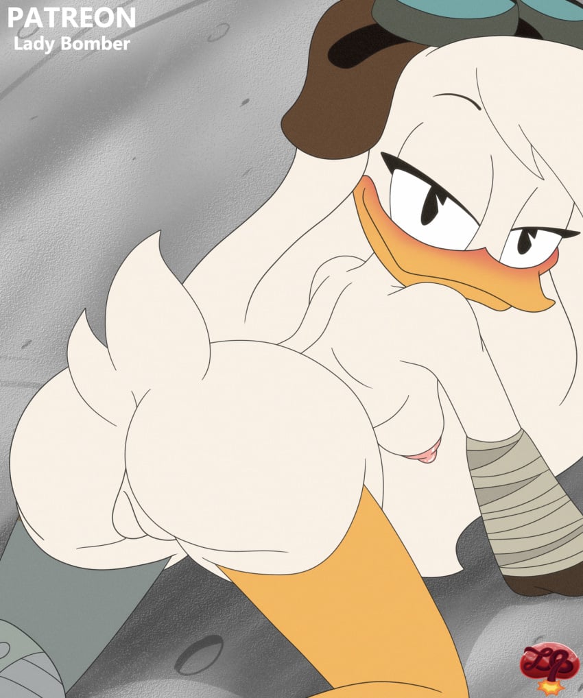 2023 anatid anseriform anthro ass avian beak bedroom_eyes bird breasts clothing della_duck disney duck ducktales ducktales_(2017) eyewear eyewear_on_head female genitals goggles goggles_on_head hat headgear headwear hi_res ladycherrybomba looking_at_viewer looking_back looking_back_at_viewer mostly_nude narrowed_eyes nipples non-mammal_breasts non-mammal_nipples presenting presenting_hindquarters presenting_pussy prosthetic prosthetic_leg prosthetic_limb pussy rear_view seductive solo