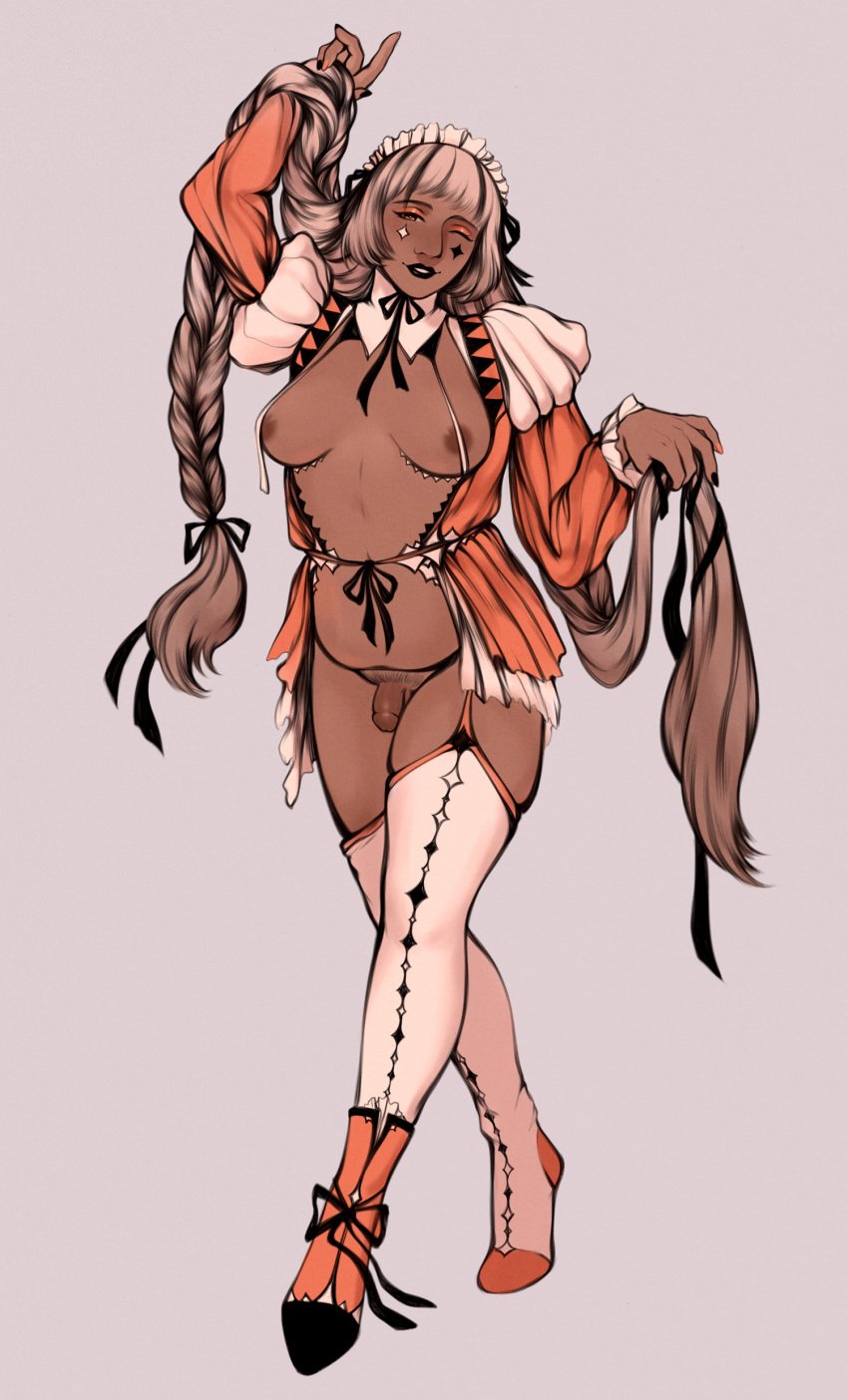 1futa benveydrawsmore circumcised clown clown_girl dark_skin flaccid functionally_nude futanari long_hair maid_headdress small_penis solo standing twin_braids very_long_hair