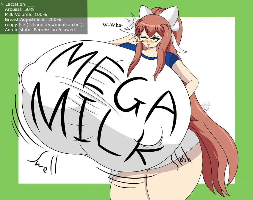 1girls 2022 aroused blush breast_expansion brown_hair color confused confusion doki_doki_literature_club drooling expansion green_eyes hi_res high_resolution highres huge_breasts just_monika large_breasts mega_milk monika_(doki_doki_literature_club) motion_lines nipple_bulge one_eye_closed open_mouth shocked simple_background sloshing_breasts solo solo_female stretched_clothing surprised swelling thick_thighs tight_clothing tradicon666 white_bow wide_hips