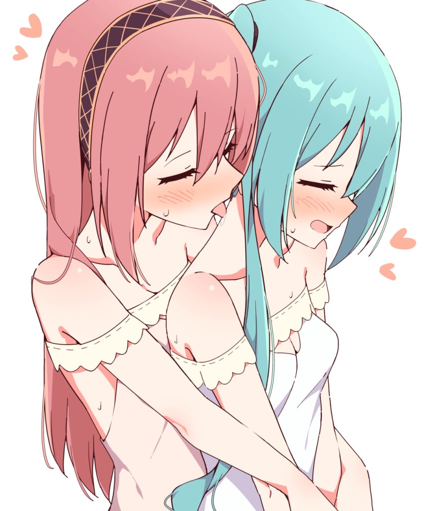 2girls aqua_hair bare_shoulders blush breasts closed_eyes collarbone cuddling dress female female_only giryu hatsune_miku heart highres licking licking_neck long_hair megurine_luka multiple_girls off_shoulder open_mouth pink_hair saliva simple_background sweat upper_body vocaloid white_dress yuri