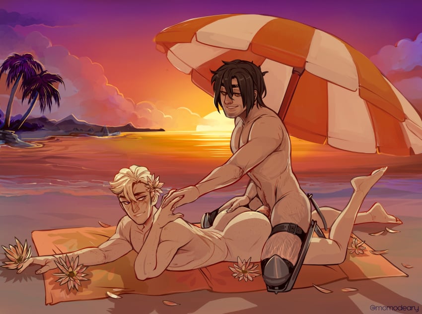 2boys beach miqo&#039;te momodeary original_character prosthetic sunscreen tagme yaoi