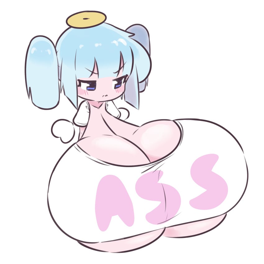 1girls angel angel_girl angel_wings blue_eyes blue_hair blush_stickers breasts character_request chibi chibi_style cleavage clothes_writing erotic_chibi gigantic_breasts halo o-bisu pout shirt skindentation solo solo_female twintails underboob white_shirt