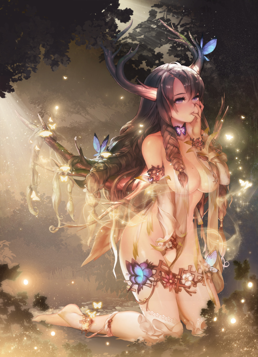 antlers black_hair breasts cleavage female forest instant-ip kneeling large_breasts long_hair original solo