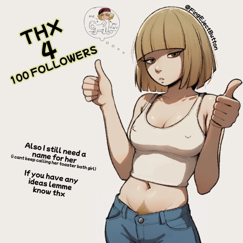 1girls 2d artist_name bags_under_eyes blonde_hair blonde_pubic_hair blunt_bangs bob_cut brown_eyes cleavage desert_rose fingerontheejectbutton follower_celebration irene_sanders jeans looking_at_viewer meme message messy_pubes midriff milestone_celebration navel nipples_visible_through_clothing oc original_character pubic_hair pubic_hair_peek simple_background tank_top text thumbs_up watermark white_background