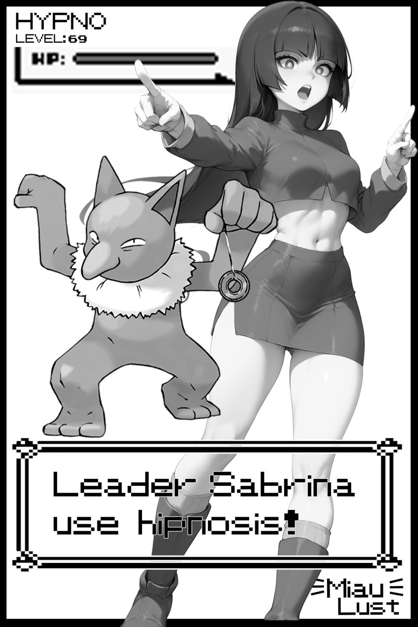 ai_assisted ai_generated bangs battle black_hair busty gameboy gameboy_advance gloves hypnosis miaulust pokeball pokemon pokemon_(species) pokemon_ss red_eyes red_skirt retro_artstyle sabrina_(pokemon) very_long_hair videogame white_skin