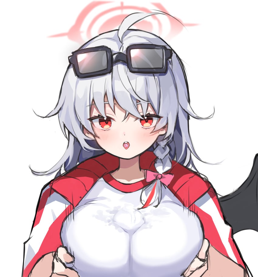 absurdres black_wings blue_archive blush breasts breasts_squeezed_together candy demon_wings eyewear_on_head female food grey_hair gym_shirt gym_uniform halo haruna_(blue_archive) highres large_breasts long_hair looking_at_viewer paid_reward_available paizuri paizuri_under_clothes pov pov_crotch red_eyes red_halo shirt single_wing wang0424 wet wet_clothes white_shirt wings