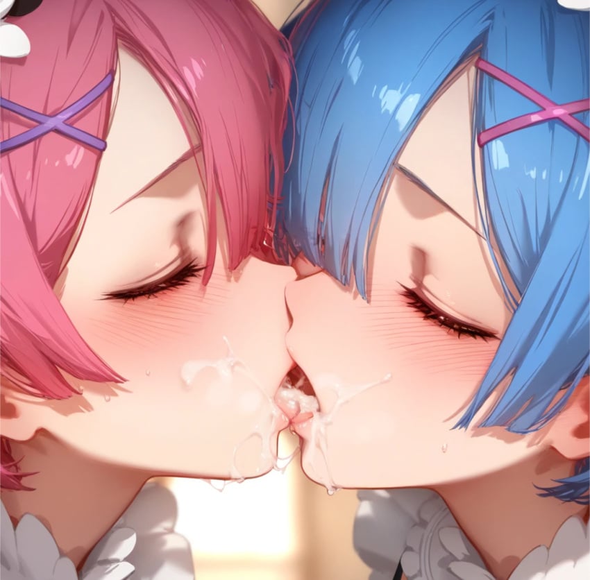 ai_generated blue_hair blush closed_eyes cum french_kiss incest kissing making_out pink_hair ram_(re:zero) re:zero_kara_hajimeru_isekai_seikatsu rem_(re:zero) sisters sweat twincest twins yuri