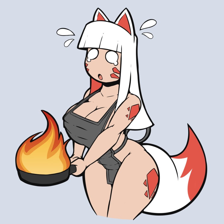 1girls animal_ears animal_tail ass big_ass big_breasts body_markings breasts cleavage cleavage_overflow cleavage_window crying digital_drawing_(artwork) digital_media_(artwork) expressions face_markings female female_focus female_only fire fox_ears fox_girl fox_tail frying_pan half-dressed half_naked hi_res highlighted_tail highlights highlights_(coloring) hips holding_frying_pan holding_object huge_breasts legs_together light-skinned_female light_skin line_art markings naked_apron open_mouth original original_character quin-nsfw shaded side solo solo_female solo_focus standing sweat sweatdrop tails tongue waist white_hair yuki_(quin-nsfw)