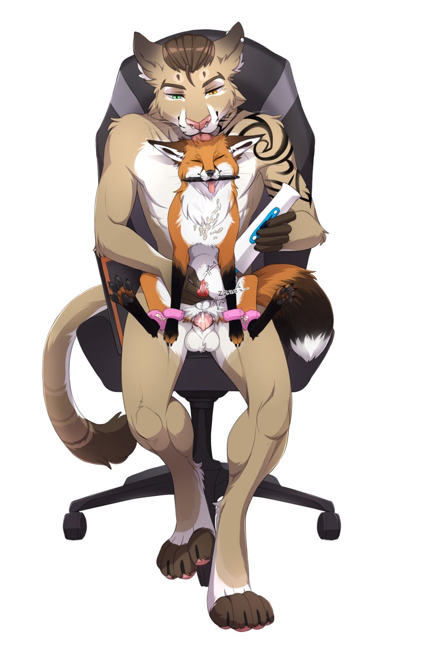 absurd_res anatomically_correct anatomically_correct_genitalia anthro bodily_fluids canid canine cougar cuff_(restraint) cum cum_inside duo felid feline feral fluffy fluffy_tail fox fuzzy_handcuffs gaming_chair genital_fluids genitals handcuffs hi_res licking linden_mcconville_(character) male male/male mammal metal_cuffs pawpads penile penis piercing restraints sex_toy tail tongue vibrator vibrator_on_penis vloic