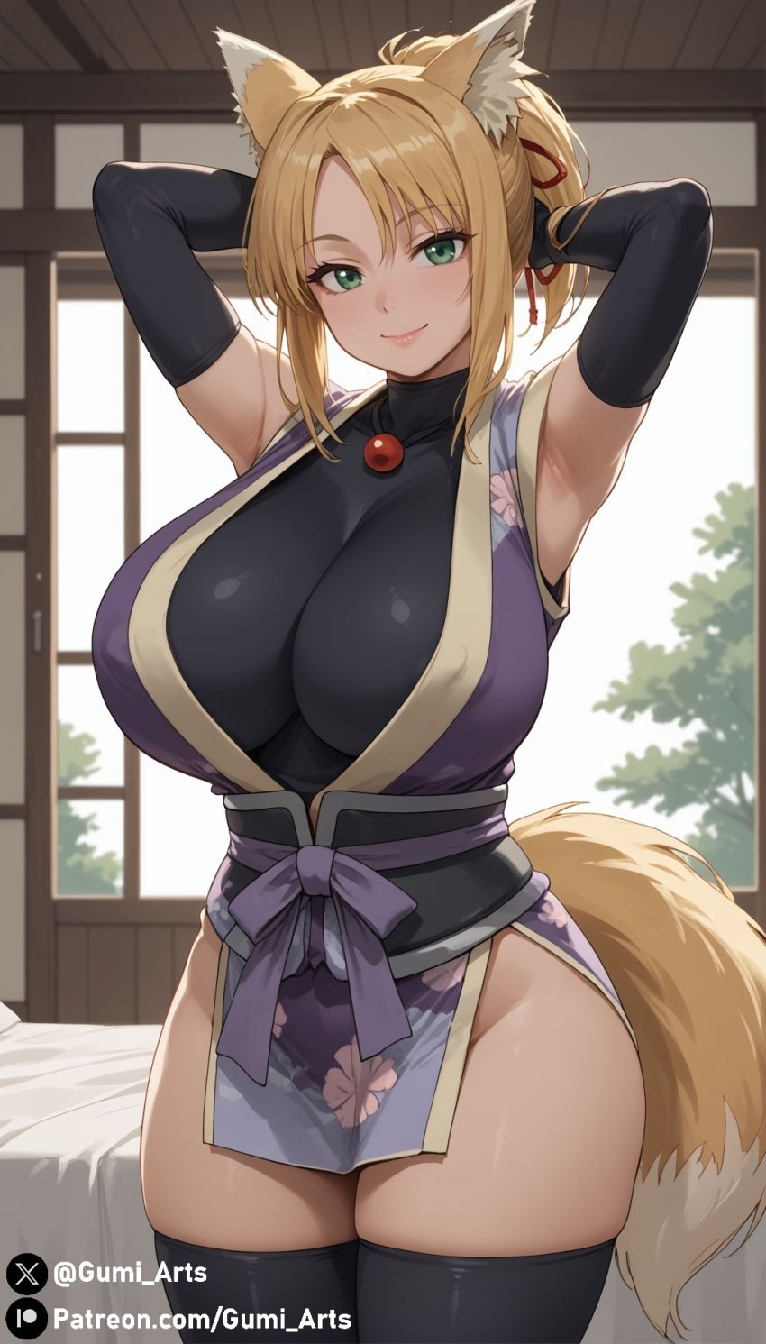 ai_generated armpits bodysuit_under_clothes cleavage covered_nipples dog_days gumi_arts hands_behind_head huge_breasts indoors looking_at_viewer smile stable_diffusion thick_thighs thighhighs tight_clothing yukikaze_panettone