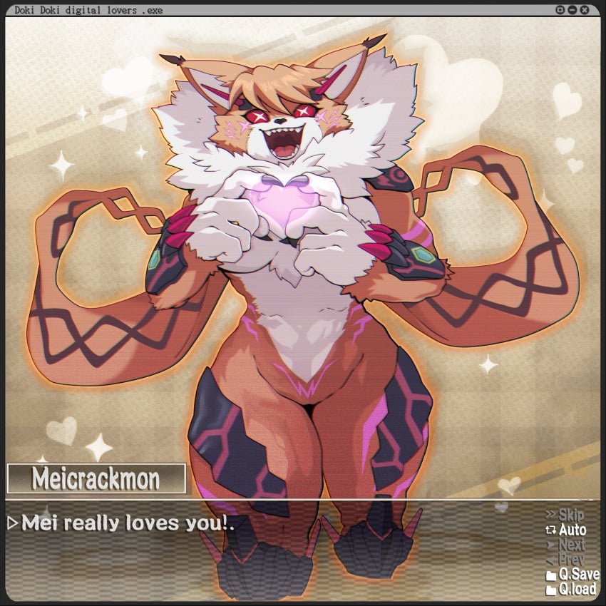 animal_ears claws dclaret digimon digimon_(species) fur_collar fur_tuft furry furry_female heart_symbol meicrackmon meicrackmon_vicious_mode orange_fur red_eyes sharp_teeth smiling_at_viewer text_box visual_novel_interface