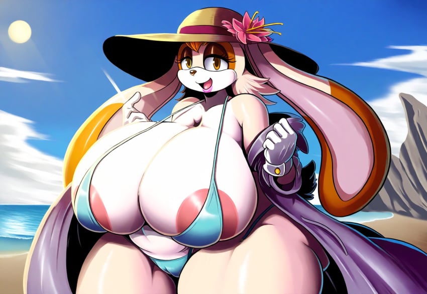 1girls ai_generated anthro areola areola_slip beach big_breasts bikini breasts_bigger_than_head cameltoe clothed female furry huge_breasts mature_female milf mullon novelai rabbit rabbit_ears rabbit_girl rabbit_humanoid sega sonic_(series) sonic_the_hedgehog_(series) top_heavy vanilla_the_rabbit