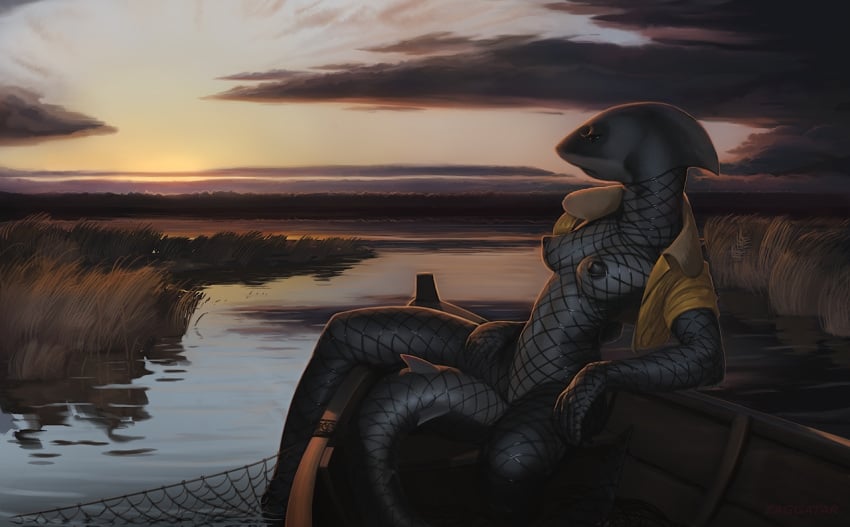 big_nipples boat clothing cloud female fish fishnet fishnet_suit grass jacket lake leaning_back marine nipples nude resting shark sunset vehicle water zaggatar