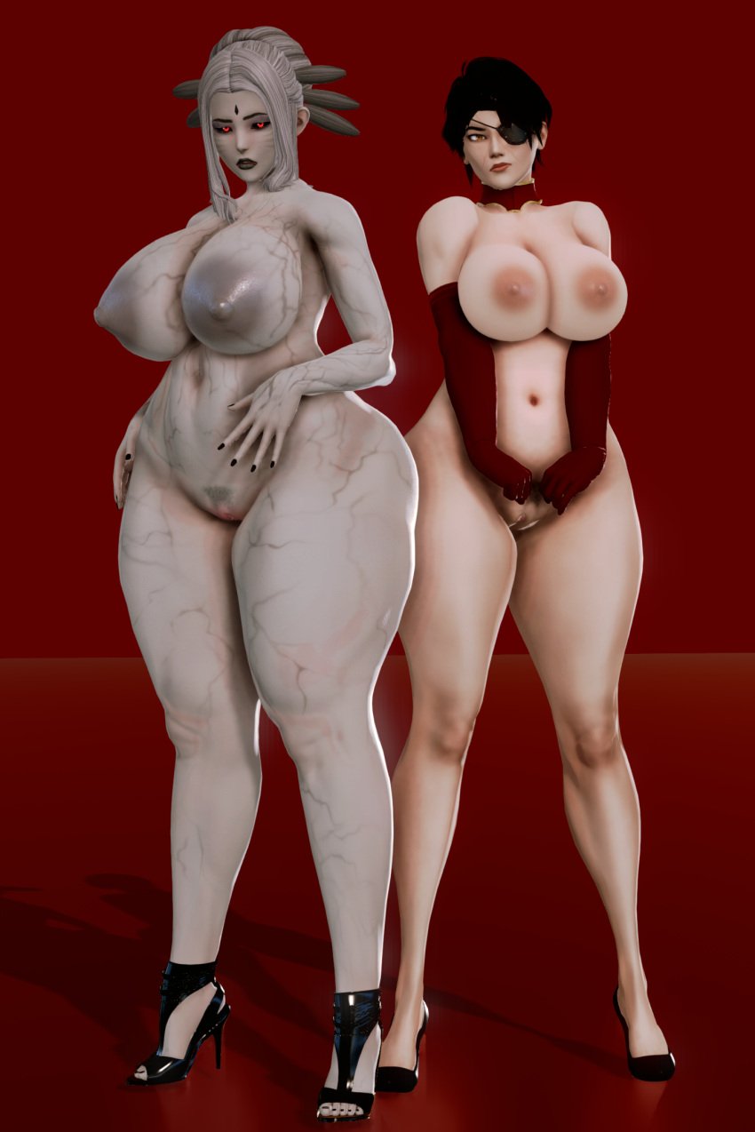 2girls 3d areolae big_areola big_breasts big_thighs black_hair cinder_fall female_focus female_only high_heels honey_select huge_areolae huge_breasts kirinonsfw large_breasts massive_ass massive_breasts milf naked nipples pussy red_background red_eyes rwby salem_(rwby) thick_thighs voluptuous white_hair wide_hips