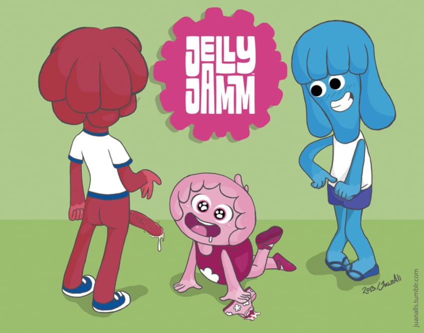 1boy 2girls anthro ass bello_(jelly_jamm) blue_hair blue_shoes blue_shorts blue_skin bottomless cum cum_in_panties discovery_kids flower_clothing_pattern from_behind imminent_fellatio imminent_oral jelly_jamm large_penis logo looking_at_another mina_(jelly_jamm) multiple_girls original panties penis pink_dress pink_hair pink_panties pink_shoes pink_skin red_hair red_pink_color red_skin rita_(jelly_jamm) sandals smile undershirt white_shirt