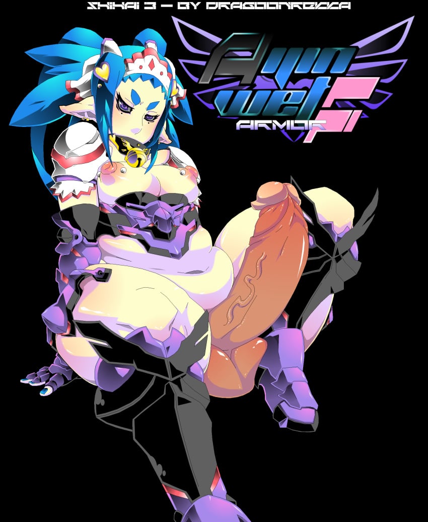 1futa armor blue_eyes blue_hair breasts dragoonrekka erection futa_only futanari hair intersex large_penis medium_breasts nipples penis plump pointy_ears sitting solo testicles veiny veiny_penis