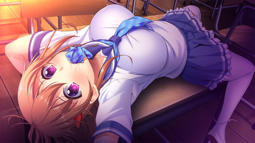 1girls arms_up blue_tie blush bondage bound bound_to_desk brown_hair classroom clothed desk desk_bondage drooling female frilled_skirt gag gagged game_cg helpless lying_on_desk missionary_position on_back on_desk panty_gag pink_eyes saliva saxasa_kisuk scared school_uniform schoolgirl serafuku shinano_kurumi short_sleeves skirt socks solo stuffed_mouth_gag table thigh_socks thighhighs tie tsukue_otome. uwabaki white_legwear white_shirt white_socks white_thighhighs zettai_ryouiki