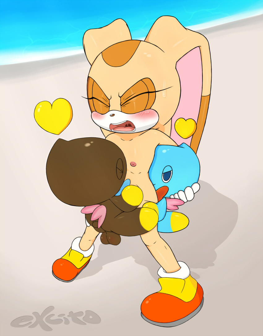 2015 anal anal_sex anthro blush chao_(sonic) cheese_the_chao chocola_the_chao cream_the_rabbit double_penetration excito female flat_chested from_behind furry furry_only gangbang group group_sex hug implied lagomorph male mammal penetration public rabbit sex sonic_(series) stomach_bulge sweat young