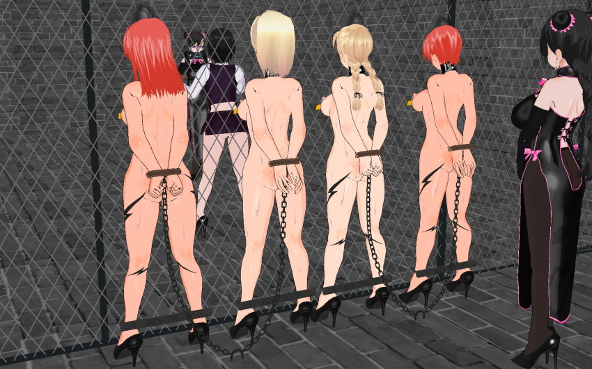 3d android_18 ankle_cuffs arms_behind_back ass bondage breasts cammy_white chains crossover cuffs dragon_ball_(series) female femsub fence from_behind high_heels juli juni multiple_girls multiple_subs naked_footwear naked_heels nude r_r_ｓ_ｍ_ｂ restrained spreader_bar standing street_fighter wrist_cuffs