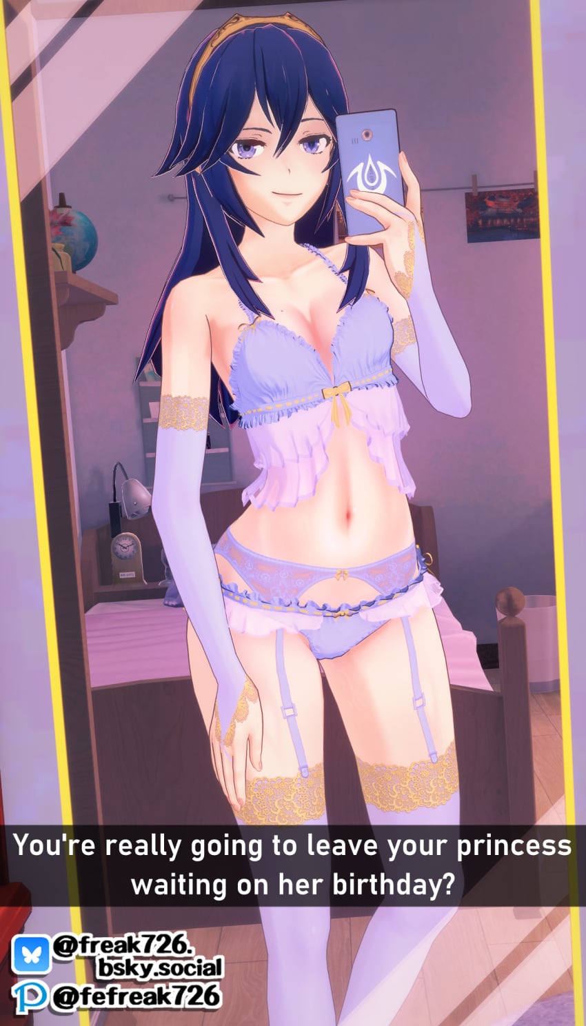 1girls 3d armpit_crease ass_visible_through_thighs bare_shoulders bare_thighs beauty_mark bed bedroom bedroom_eyes birthday blue_bra blue_bridal_gauntlets blue_eyes blue_garter_belt blue_hair blue_panties blue_thighhighs bra brand_of_the_exalt bridal_gauntlets camel_toe cameltoe cleavage clock collarbone desk_lamp english_text fefreak726 female female_only fire_emblem fire_emblem_awakening garter_belt globe hair_between_eyes half-closed_eyes hand_on_own_thigh hand_up indoors lamp lucina_(fire_emblem) mirror mirror_reflection mirror_selfie mole mole_on_breast naughty_face navel nintendo panties phone princess raised_eyebrow reflection royalty selfie shoulders smartphone smug snapchat stomach symbol-shaped_pupils text thighhighs thighs tiara trash_can underwear