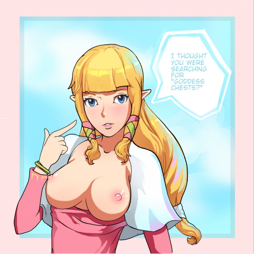 ass blonde_hair blue_eyes breasts female female_only goddess hime_cut hylian long_hair looking_at_viewer looking_back nintendo nipples open_clothes open_shirt pointy_ears princess_zelda sailcloth shirt sky skyward_sword solo sunbeam_(artist) the_legend_of_zelda zelda_(skyward_sword)