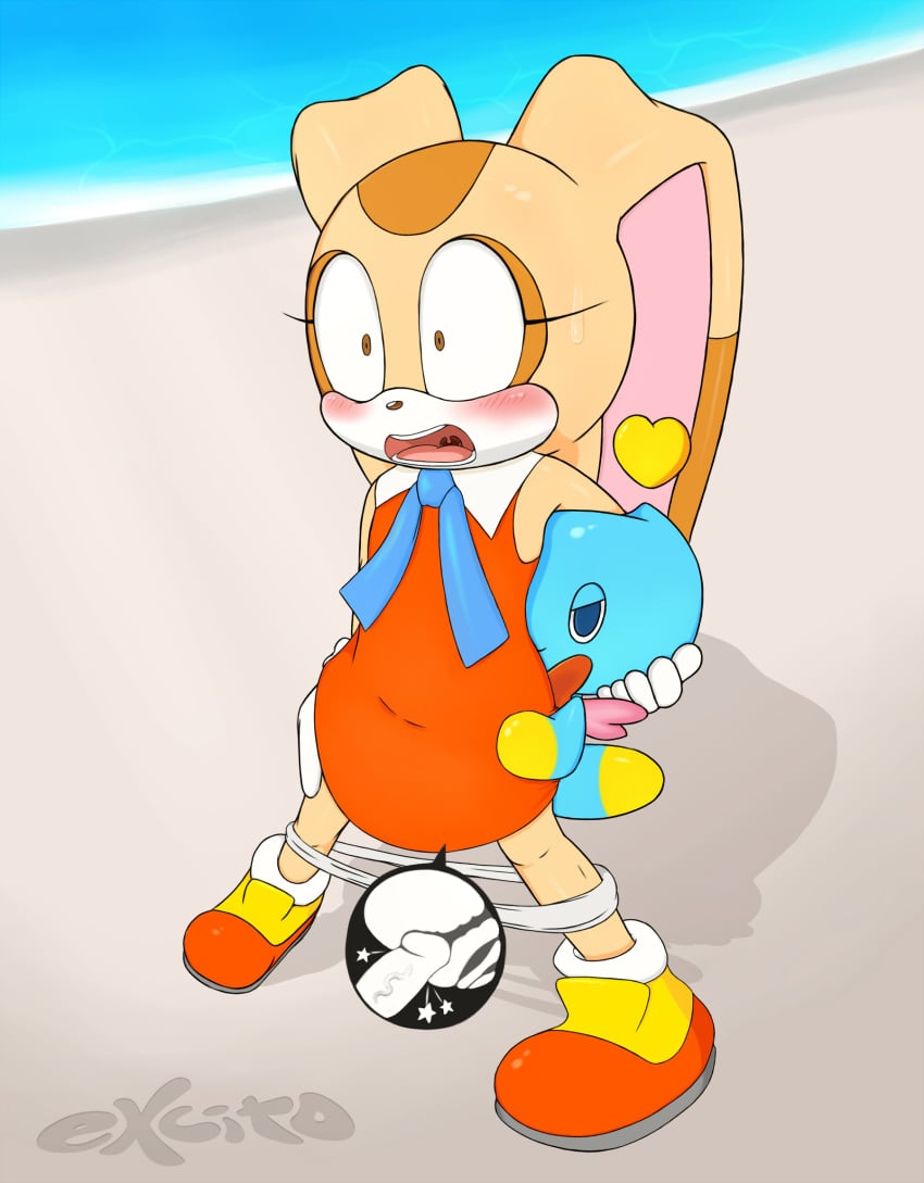 2015 anal anal_sex anthro blush chao_(sonic) cheese_the_chao clothed_sex clothing cream_the_rabbit excito female from_behind hug implied lagomorph male mammal penetration rabbit sex sonic_(series) sweat wide_eyed