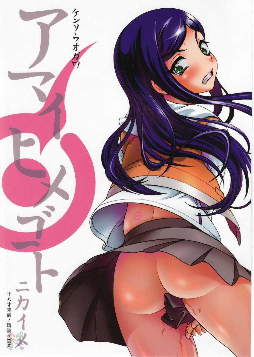 clothing comic cover cover_page doujinshi fukudahda green_eyes highres kuga_natsuki long_hair mai-hime my-hime natsuki_kuga no_panties purple_hair pussy_juice school_uniform skirt