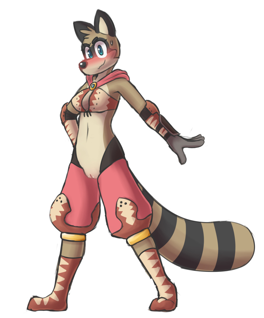 alpha_channel black_nose blue_eyes bottomless brown_fur clothed clothing countershading ears_up embarrassed female fur looking_at_viewer mammal maypul maypul_syrup navel partially_clothed pose procyonid pussy raccoon rivals_of_aether solo striped_tail stripes tan_countershading tan_fur video_games