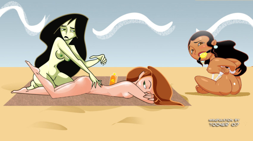 2007 arms_behind_back bondage bound breasts disney disney_channel female female_only gag gagged human kim_possible kimberly_ann_possible looking_back monique_(kim_possible) multiple_females multiple_girls nipples outdoors shego straight_hair tagme tooner yuri