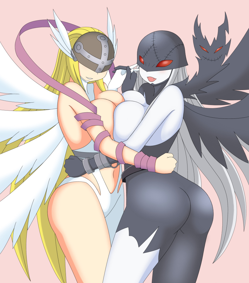 2girls angel angel_and_devil angel_wings angewomon ass blonde_hair breast_press breast_to_breast breasts cleavage demon demon_girl devil digimon fangs female female_only hand_holding ladydevimon large_breasts long_hair looking_at_viewer multiple_girls navel open_mouth red_eyes smile somegu symmetrical_docking topless white_hair white_skin yuri