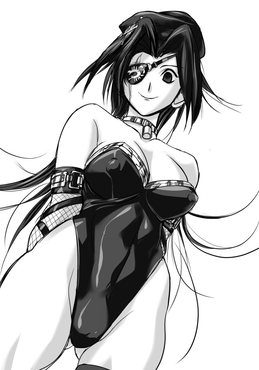 bare_legs bare_shoulders black_hair breasts eye_patch female gloves hikawadou leotard looking_at_viewer marchen_awakens_romance monochrome nipples smile solo