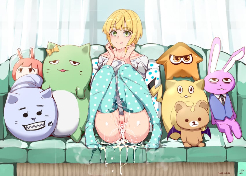 :q after_rape altered_common_sense bar_censor blonde_hair blue_legwear bottomless censored common_sense_change couch cum cum_in_pussy cum_inside cum_pool curtains female green_eyes idolmaster idolmaster_cinderella_girls indoors legs_together legs_up looking_at_viewer miyamoto_frederica nyuu_(manekin-eko) on_couch pillow polka_dot polka_dot_legwear pussy short_hair smile solo stuffed_animal stuffed_bunny stuffed_squid stuffed_toy sweat teddy_bear thighhigh_socks thighhighs tongue tongue_out unaware unaware_hypnosis window