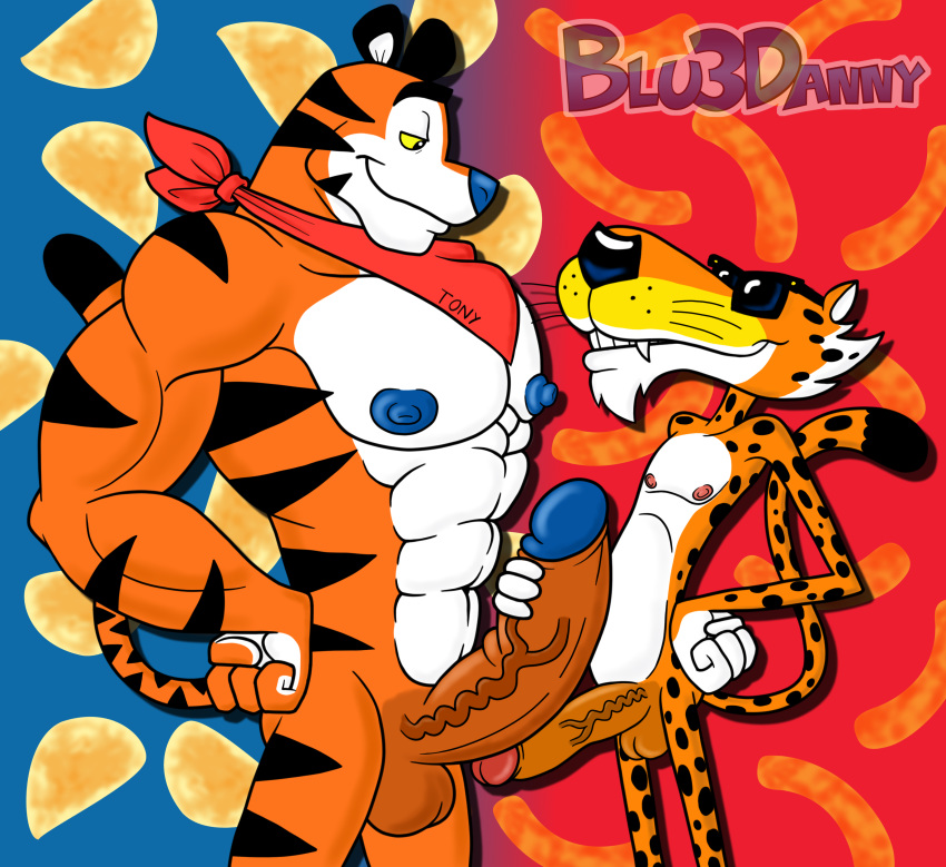 abs anthro blu3danny blue cheetah cheetos chester_cheetah chubby erection eyewear fangs feline frosted_flakes frottage fur glans grabbing hi_res huge_cock kellogg's male male_only mammal muscles neckerchief nipples nose orange pecs penis retracted_foreskin size_difference smirk sunglasses tiger tony_the_tiger uncut vein veiny yellow_sclera