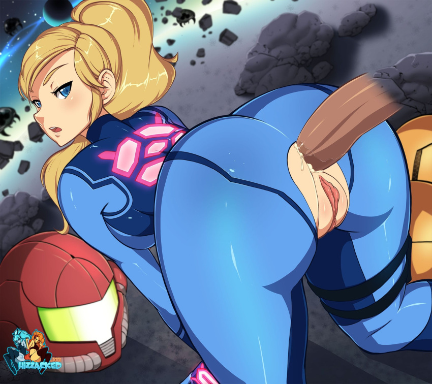 all_fours anal anal_sex armor bent_over blonde_hair blue_eyes crotchless cum cum_in_ass cum_inside dark-skinned_male dark_skin disembodied_penis exposed_anus exposed_pussy female helmet helmet_with_visor hizzacked interracial male metroid nintendo penis ponytail pussy pussy_outside samus_aran sex tied_hair varia_suit varia_suit_helmet zero_suit zero_suit_samus