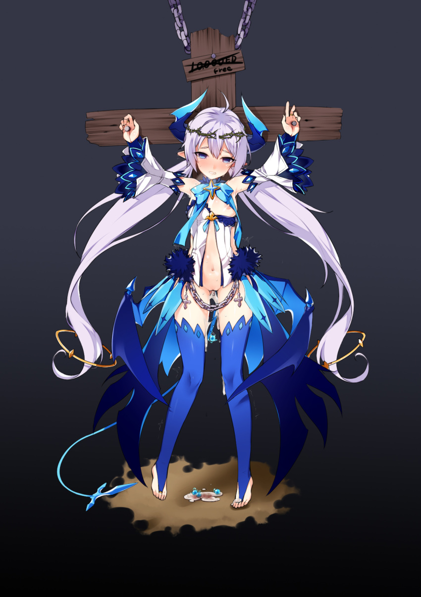 blood blue_eyes breasts crucifixion demon_girl demon_horns demon_wings detached_sleeves elsword empty_eyes female guro highres horns kuro_(kuronell) long_hair looking_at_viewer nailed_to_cross nipples pointy_ears pussy silver_hair slave solo thighhighs tied_hair twintails uncensored very_long_hair wings