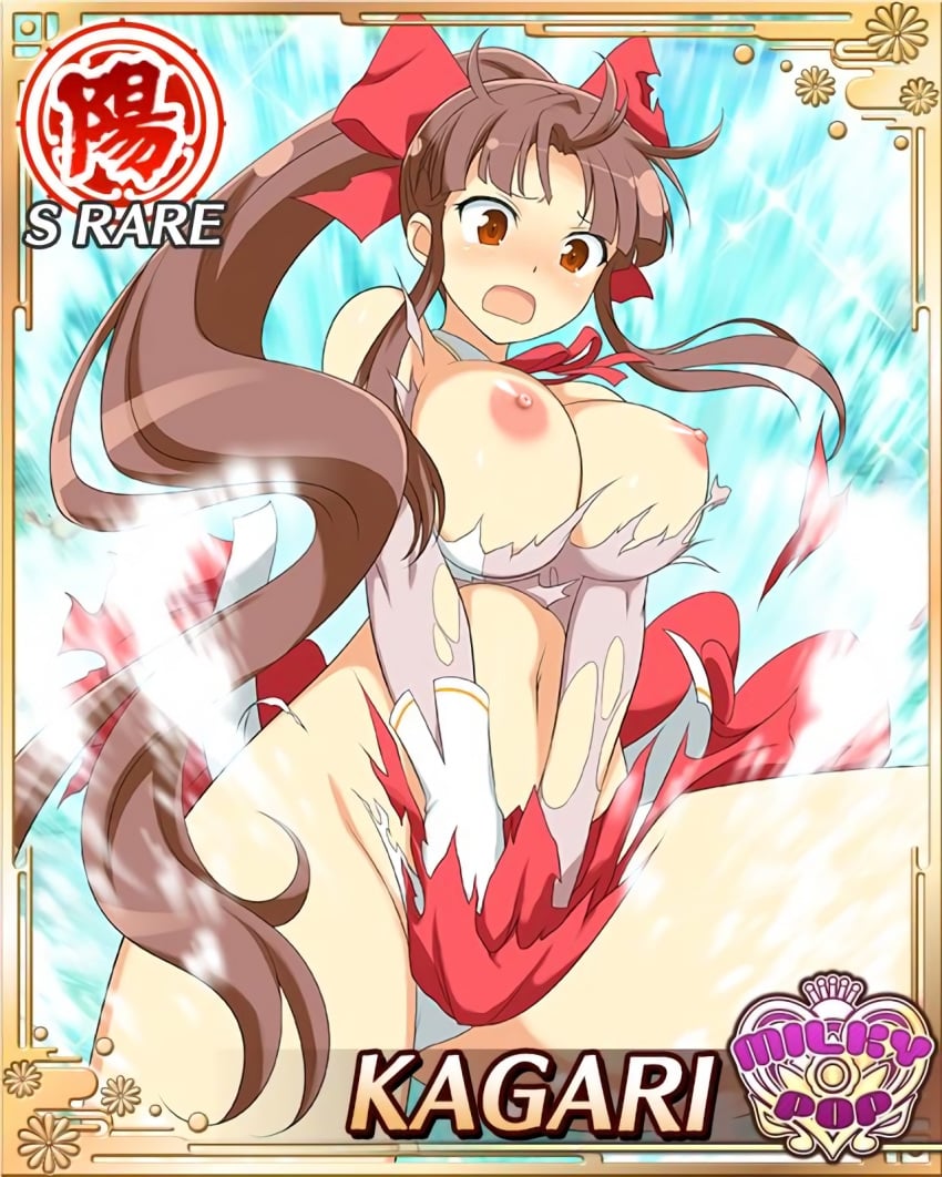 areolae blush breasts breasts_out brown_eyes brown_hair curvy female hair_ribbon kagari_(senran_kagura) large_breasts long_hair nipples open_mouth ponytail senran_kagura solo tied_hair torn_clothes very_long_hair wide_hips