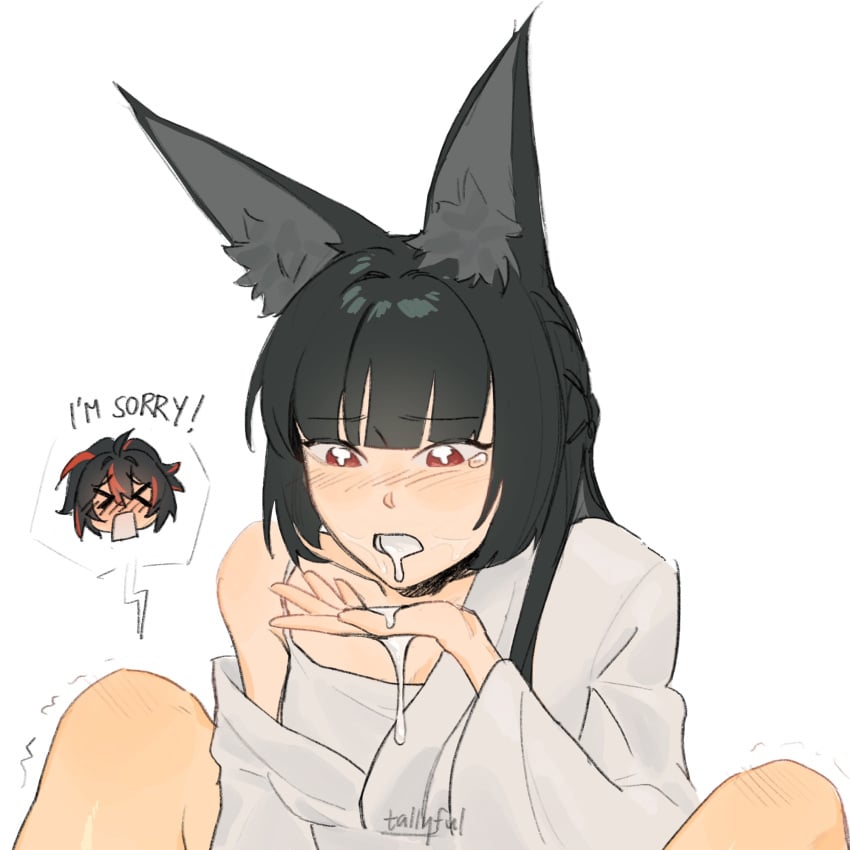 >_< 2girls animal_ear_fluff animal_ears black_hair commentary cum cum_in_mouth cum_on_body cum_on_hands eimikosmoothie fox_ears fox_girl highres hoshimi_miyabi implied_after_fellatio implied_futanari multicolored_hair multiple_girls open_mouth orange_streaks police police_uniform policewoman red_eyes simple_background sitting solo_focus streaked_hair tearing_up upper_body white_background zenless_zone_zero zhu_yuan