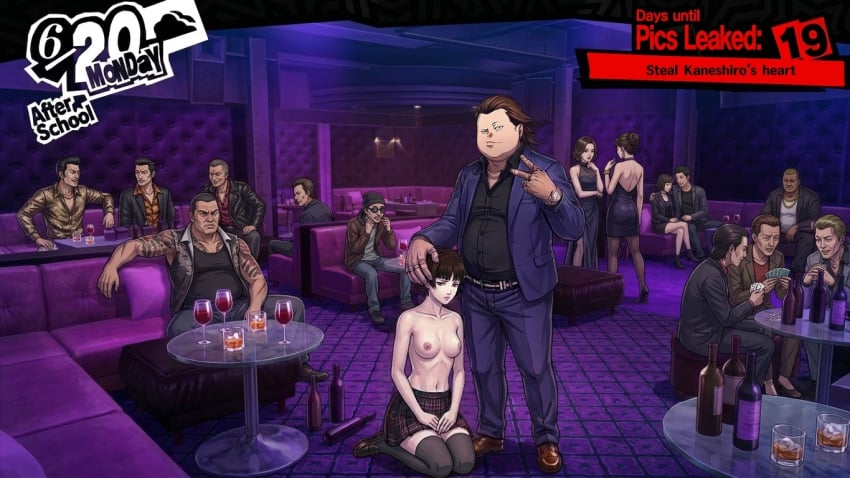 accurate_art_style ai_generated areolae asian_female atlus blackmail breasts clothed_male_nude_female club crowd dark_hair defeated_heroine distressed_expression dominant_male exposed_breasts fat_male female forced forced_exposure forced_presentation hand_on_head indoor_nudity junya_kaneshiro kaneshiro_junya kneeling light_skin looking_at_viewer makoto_niijima male medium_breasts nipples nude_female_clothed_male older_male older_male_and_younger_female peace_sign persona persona_5 posing posing_for_picture school_uniform schoolgirl sega skirt tagme topless topless_female uncomfortable younger_female
