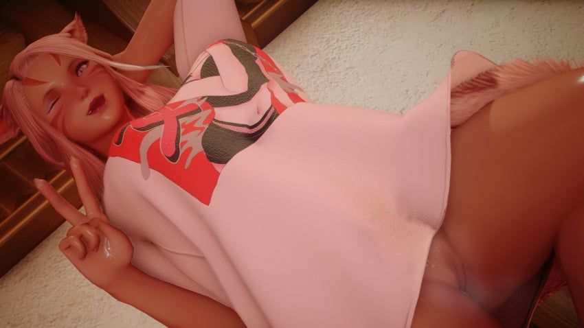 1girls 3d 3d_(artwork) blushing cat_ears cat_tail catgirl exposed_pussy final_fantasy_xiv gpose_(ffxiv) musky_pussy oc original_character oversized_clothes peace_sign pink_eyes pink_hair pov_eye_contact pussy shiori_rosebrace srosebrace srosebrace_copyright winking_at_viewer