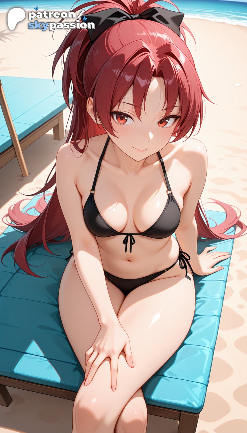 1girls 2026 ai_assisted ai_generated anime beach bikini black_bikini boobs breasts bust front-tie_bikini hi_res high_quality high_resolution highres long_hair mahou_shoujo_madoka_magica navel patreon patreon_username pool puella_magi_madoka_magica red_eyes red_hair sakura_kyouko sand side-tie_bikini sitting skypassion smile solo stable_diffusion swimsuit tits water watermark