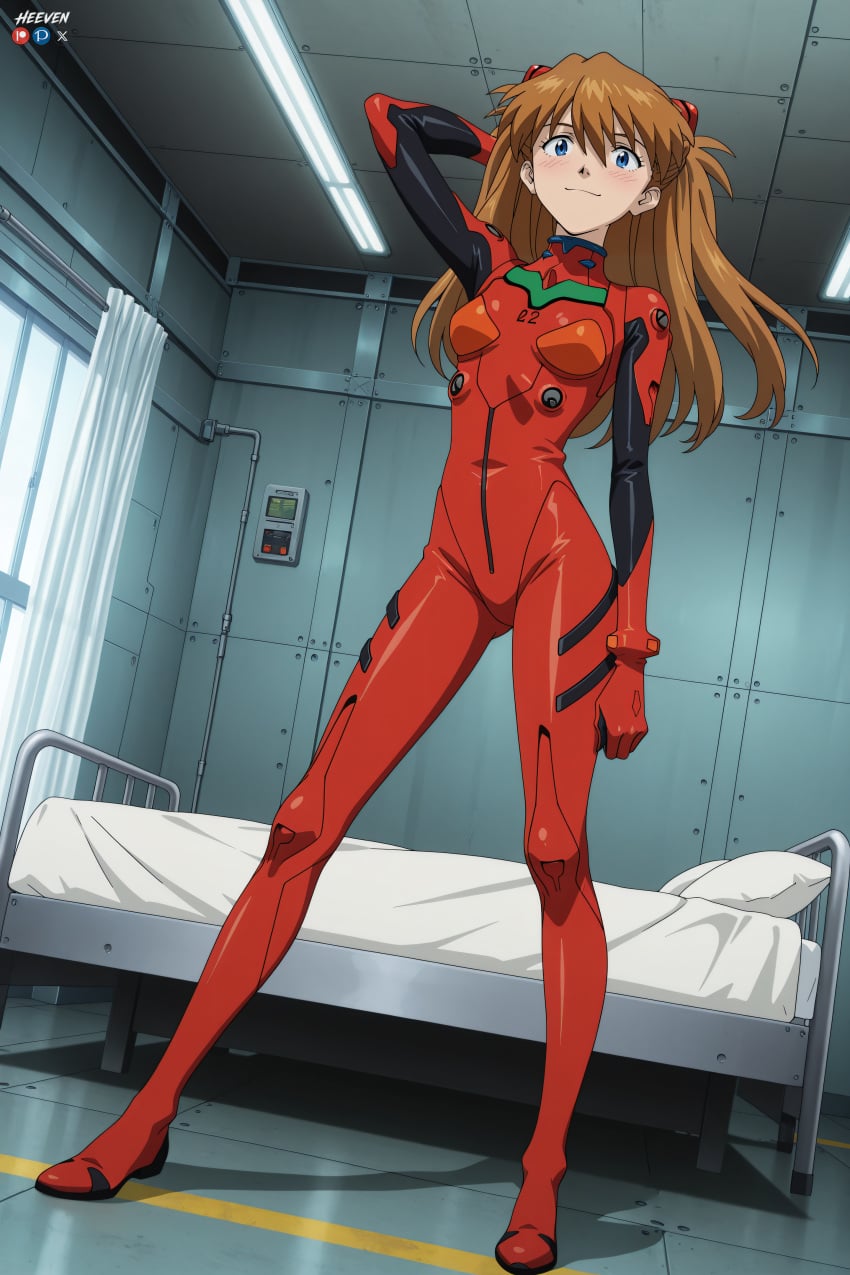 1boy 1girl absurdres adult ai_assisted ai_generated asuka_langley_sohryu bed big_breasts blue_eyes blush bodysuit breasts brown_hair evangelion female full_body heeven highres indoors interface_headset long_hair looking_at_viewer male mature neon_genesis_evangelion on_bed patreon patreon_username perfect_body plugsuit red_bodysuit sensitive smile solo souryuu_asuka_langley standing uncensored window